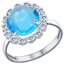 Кольцо из серебра с голубой стеклянной вставкой и фианитами 94011523