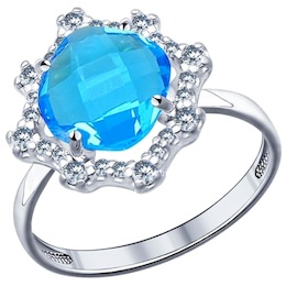Кольцо из серебра с голубой стеклянной вставкой и фианитами 94011527