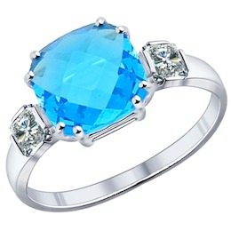 Кольцо из серебра с голубой стеклянной вставкой и фианитами 94011725