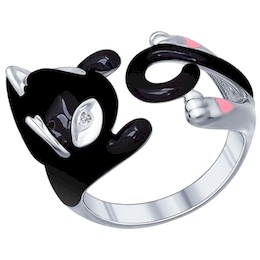 Кольцо в виде черной кошки из серебра 94011780
