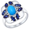 Кольцо из серебра с бирюзой (синт.), синими и бесцветными фианитами 94011998