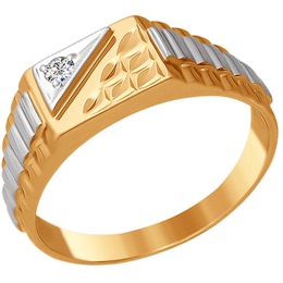 Печатка из комбинированного золота с алмазной гранью с фианитом 010772