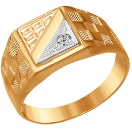 Печатка из комбинированного золота с алмазной гранью с фианитом 011574