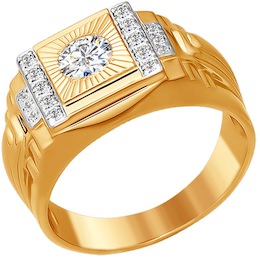 Печатка из золота с алмазной гранью с фианитами 014820