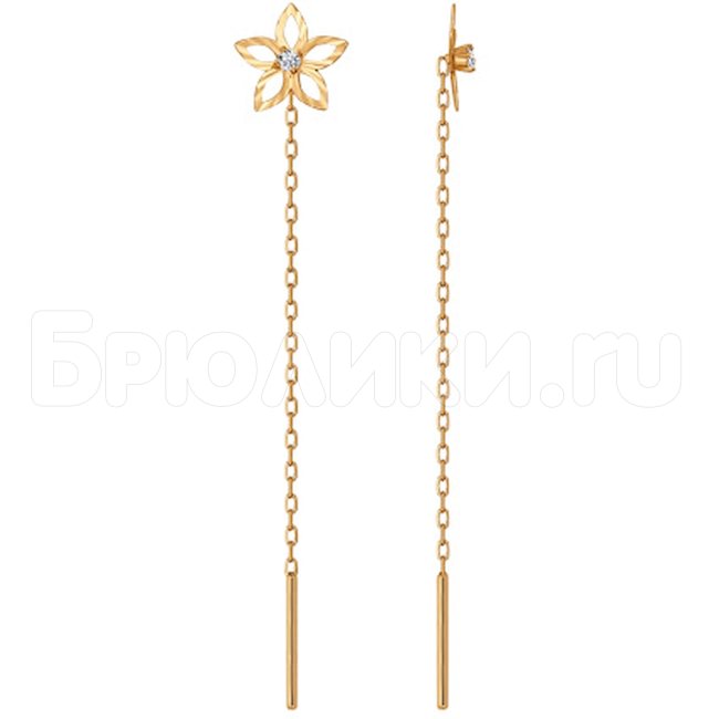 Серьги-цепочки из золота с алмазной гранью с фианитами 022668