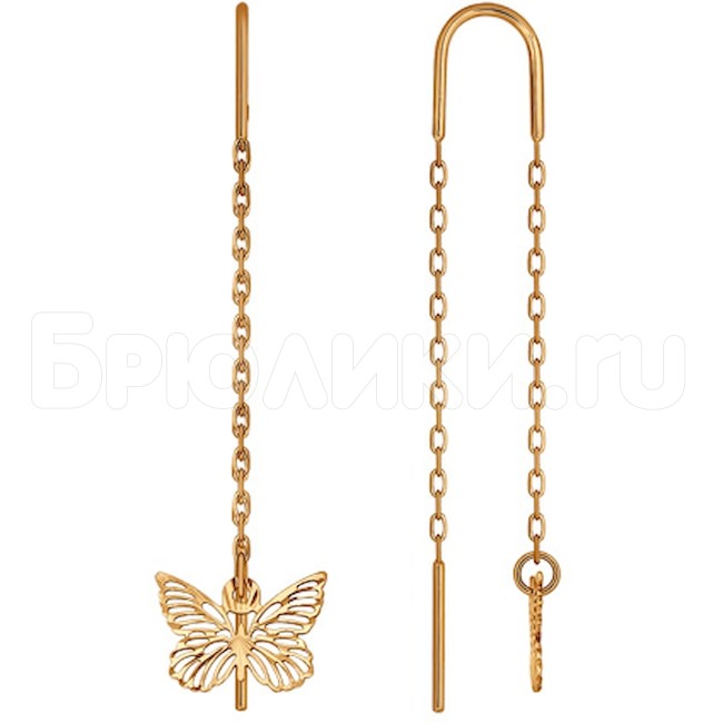 Женские серьги-продевки с бабочкой из золота 025416