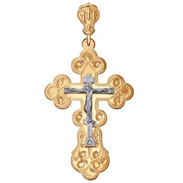 Крест из комбинированного золота с гравировкой 121025