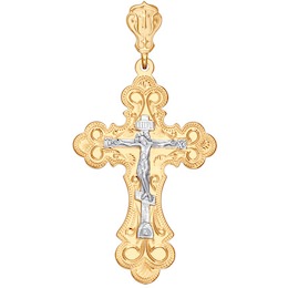 Крест из комбинированного золота с гравировкой 121045
