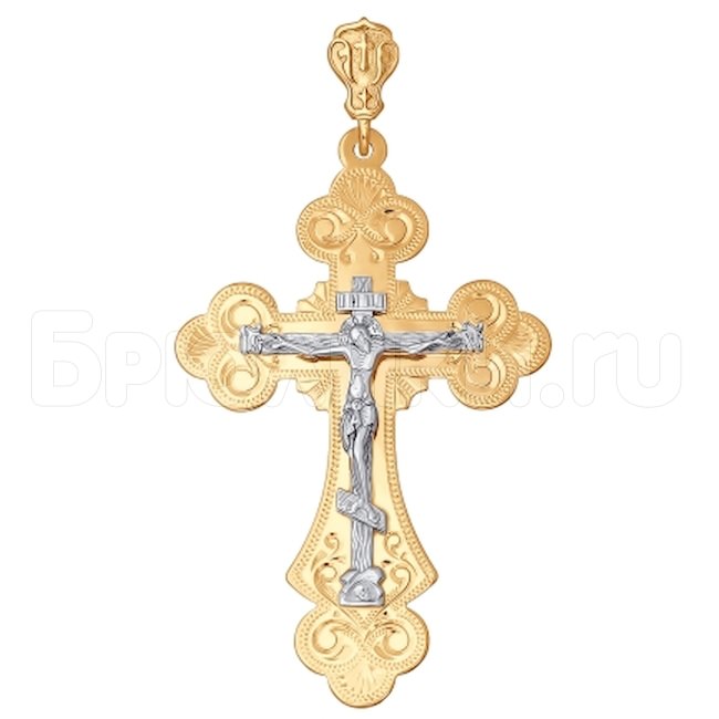 Крест из комбинированного золота с гравировкой 121056