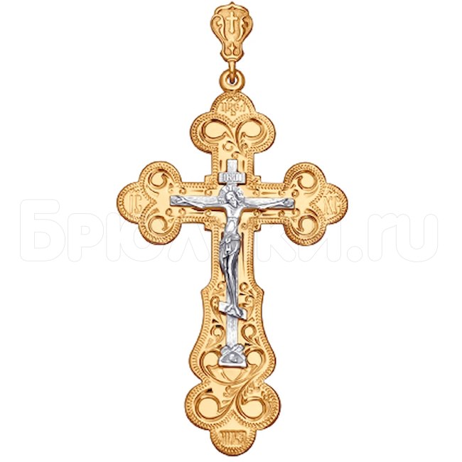 Крест из комбинированного золота с гравировкой 121060