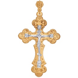 Крест из комбинированного золота с гравировкой с фианитами 121069