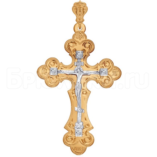 Крест из комбинированного золота с гравировкой с фианитами 121069