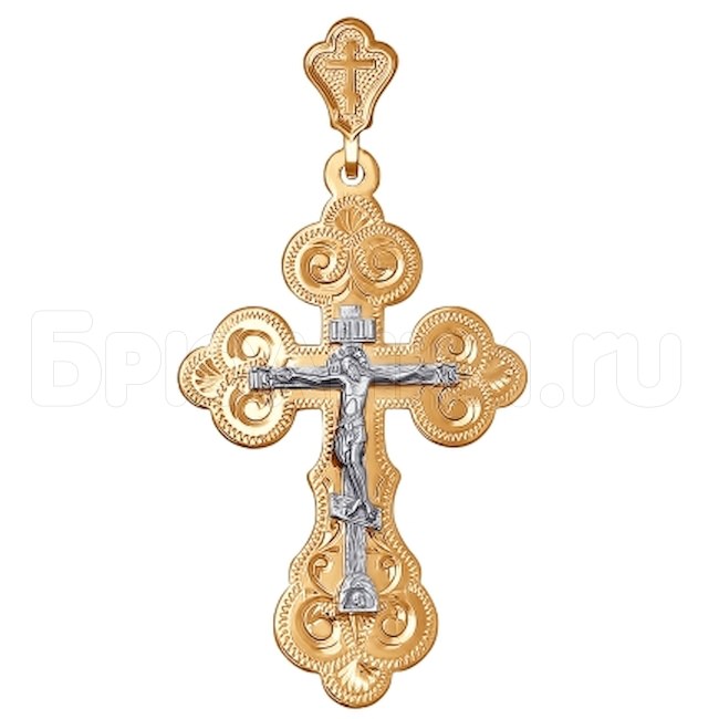 Крест из комбинированного золота с гравировкой 121116