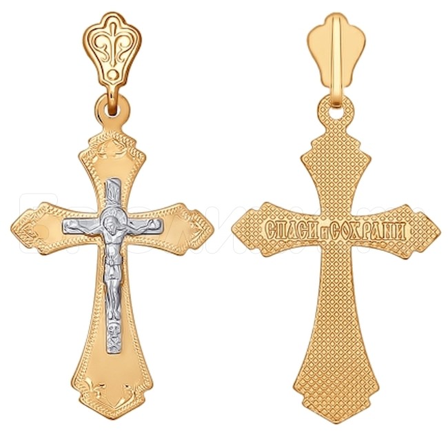 Крест из комбинированного золота с гравировкой 121122