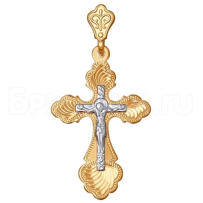 Крест из комбинированного золота с гравировкой 121125