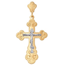 Крест из комбинированного золота с гравировкой 121126