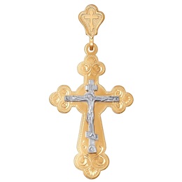 Крест из комбинированного золота с гравировкой 121134