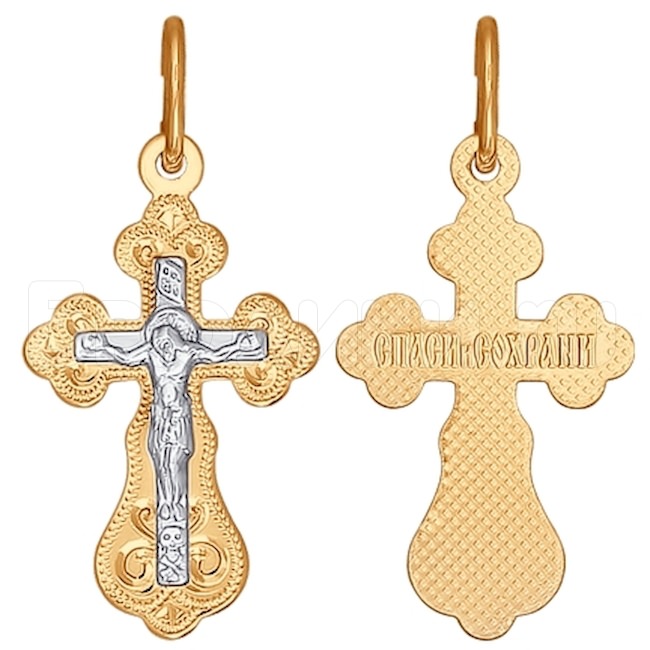 Крест из комбинированного золота с гравировкой 121143