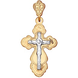 Крест из комбинированного золота с гравировкой 121149