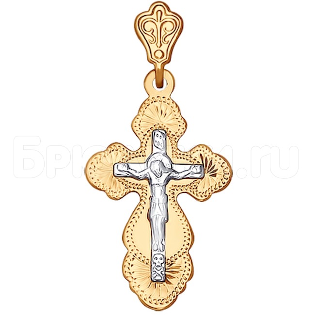 Крест из комбинированного золота с гравировкой 121149