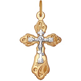 Крест из комбинированного золота с гравировкой 121215