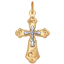 Крест из комбинированного золота с гравировкой 121220