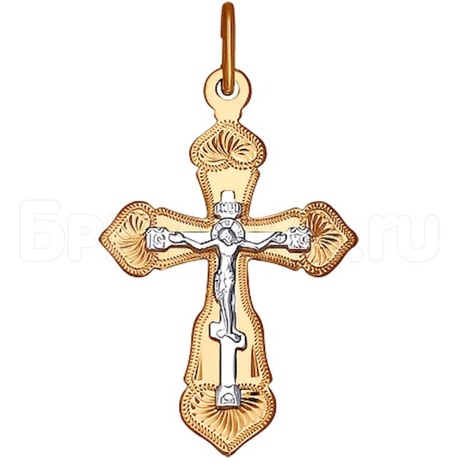 Крест из комбинированного золота с гравировкой 121223