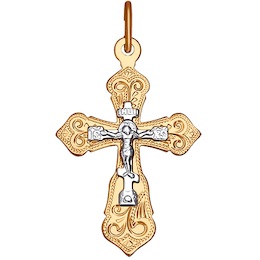 Крест из комбинированного золота с гравировкой 121224