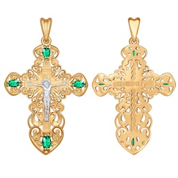 Крест из золота с зелеными фианитами 121283