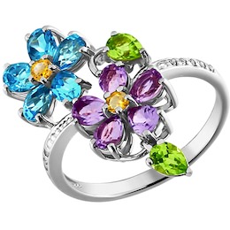 Кольцо с цветочной композицией из цветных камней 711685