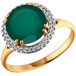 Кольцо из золота с фианитами и зелёным агатом 713292