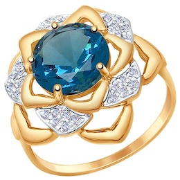 Кольцо из золота с синим ситаллом и фианитами 714746