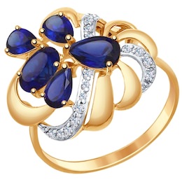 Кольцо из золота с синими корундами (синт.) и фианитами 714751