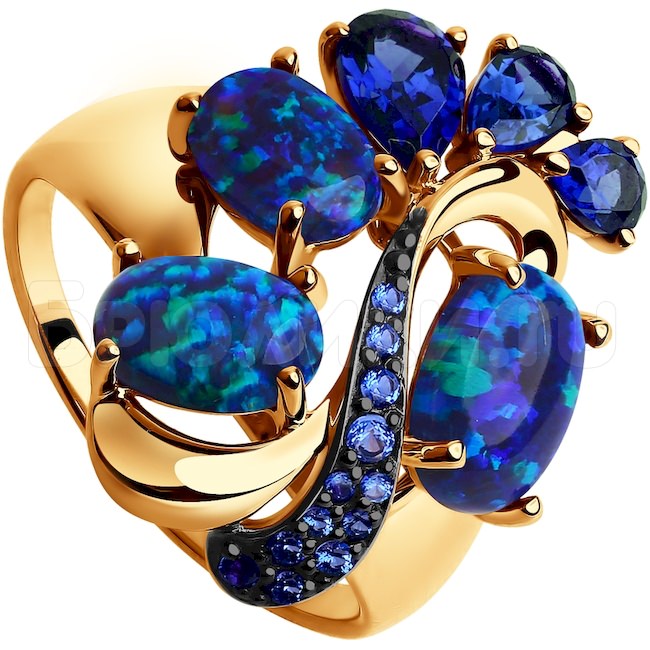 Кольцо из золота с синими корунд (синт.), синими опалами и синими фианитами 714783