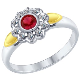Кольцо из золочёного серебра с красным корунд (синт.) и фианитами 84010030