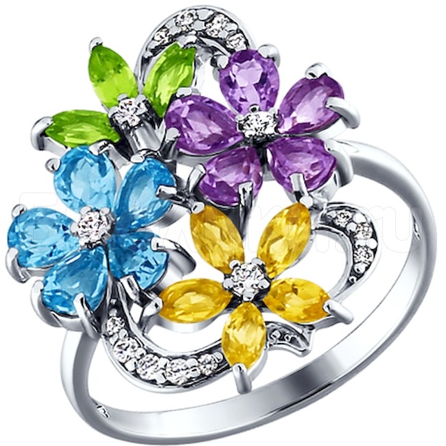 Кольцо с цветками из полудрагоценных камней 92010176