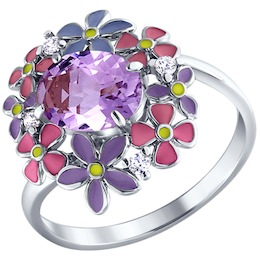 Кольцо с цветами из равноцветной эмали и аметистом 92010246