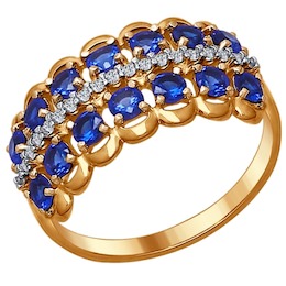 Кольцо из золочёного серебра с бесцветными и синими фианитами 93010665
