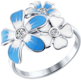 Кольцо цветы из серебра с голубой эмалью c фианитами 94010405