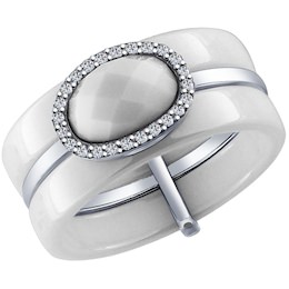 Белое керамическое кольцо с серебром и фианитами 94011600