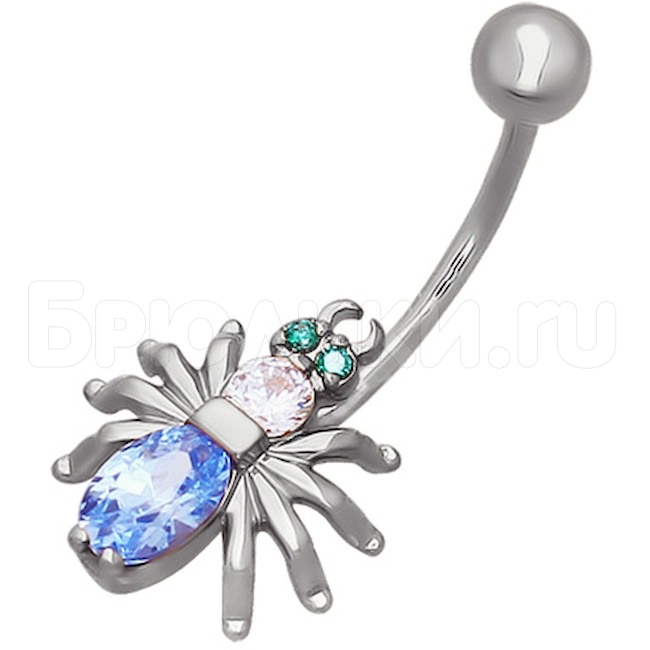 Пирсинг в пупок паук из серебра с зелеными и голубыми фианитами 94060024