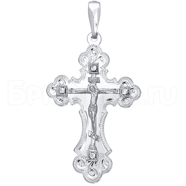 Крест из серебра с гравировкой с фианитами 94120002