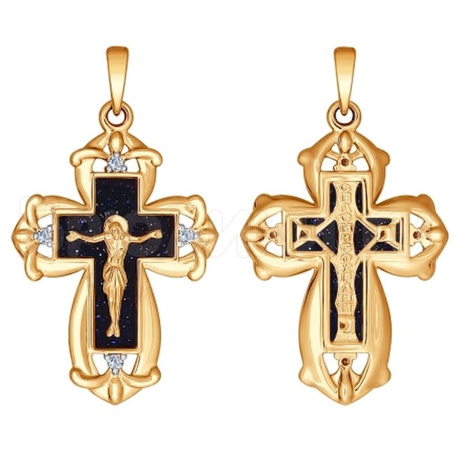 Православный золотой крестик с бриллиантами и авантюрином 1120094