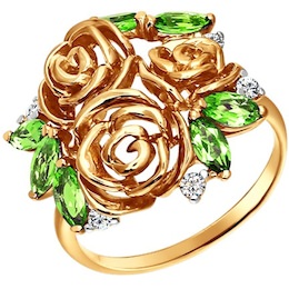 Золотое кольцо с фианитами и хризолитами 712419