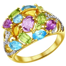 Золотое кольцо с фианитами, топазами, аметистами, цитринами и хризолитами 714026-2