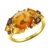 Золотое кольцо с цитринами, прессованным янтарем и раухтопазами 714349-2