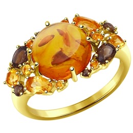 Золотое кольцо с цитринами, прессованным янтарем и раухтопазами 714349-2