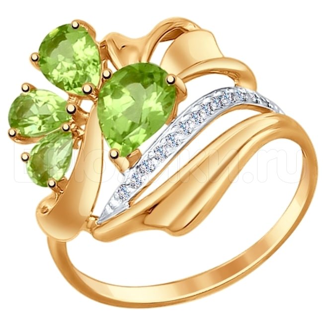 Золотое кольцо с фианитами и хризолитами 714761