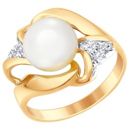 Золотое кольцо с фианитами и жемчугом 791048