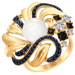 Золотое кольцо с фианитами и жемчугом 791049